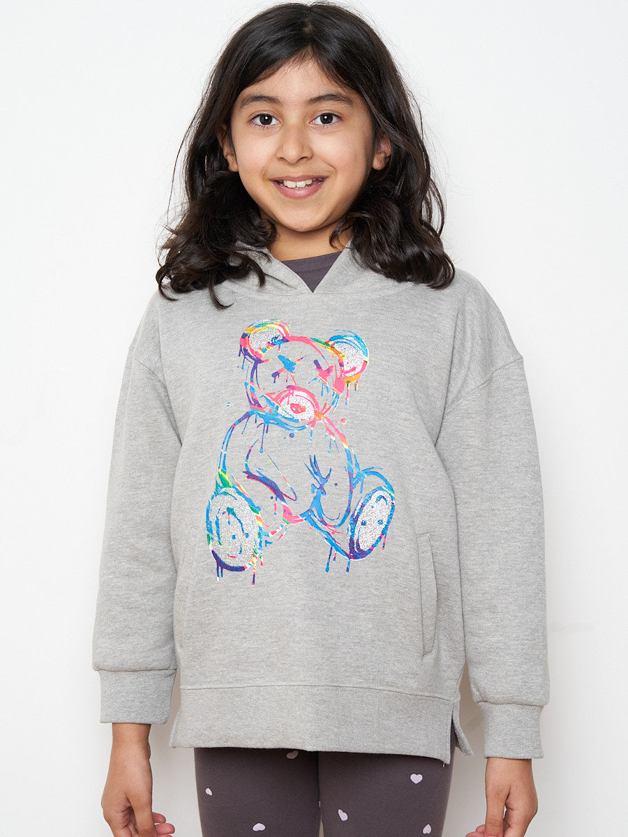 Kids Colour Drip Teddy Graphic Print Hoodie