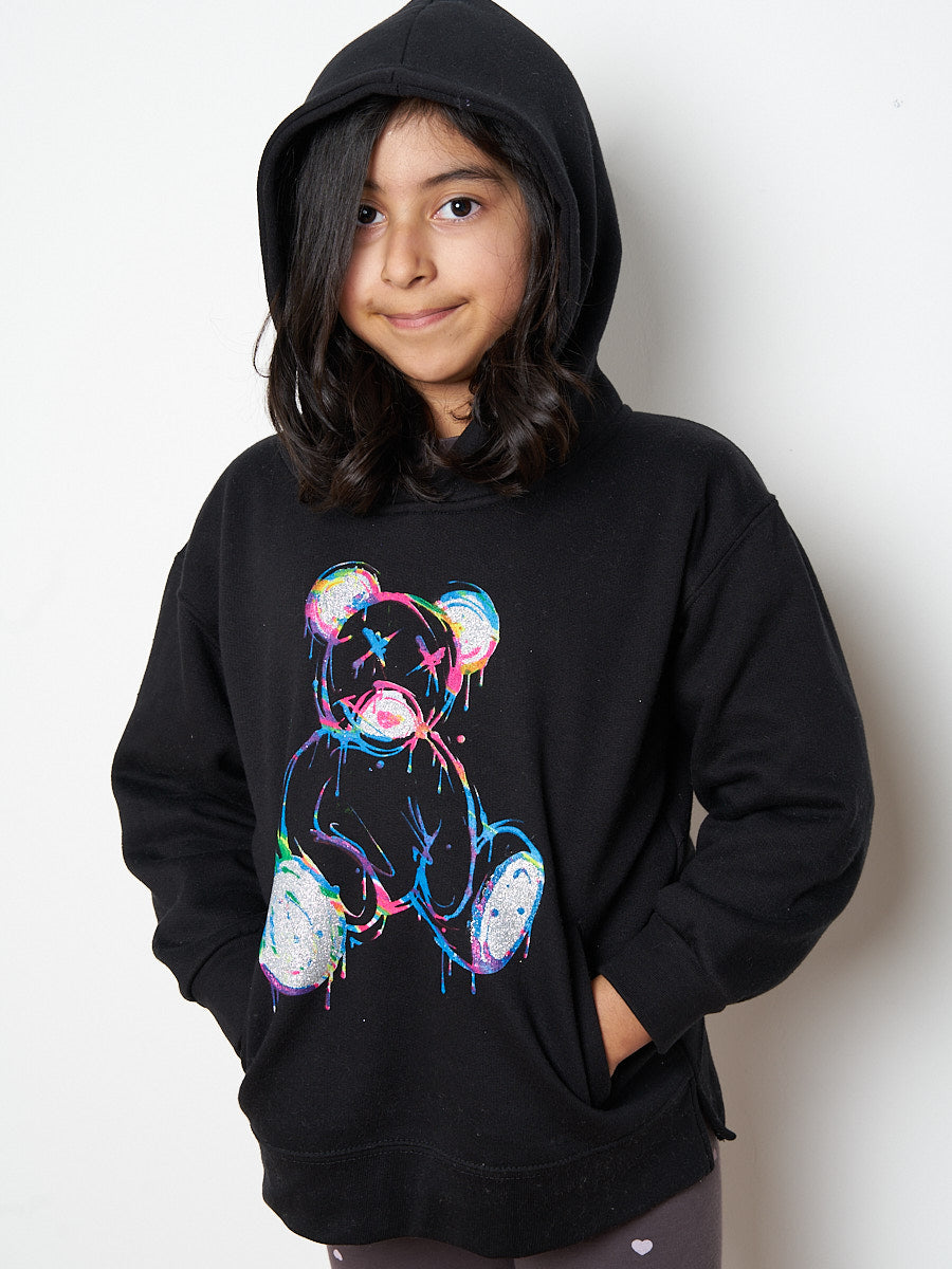 Kids Colour Drip Teddy Graphic Print Hoodie