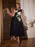 Ogima Sleeveless Flower Embroidered Midi Dress In Black