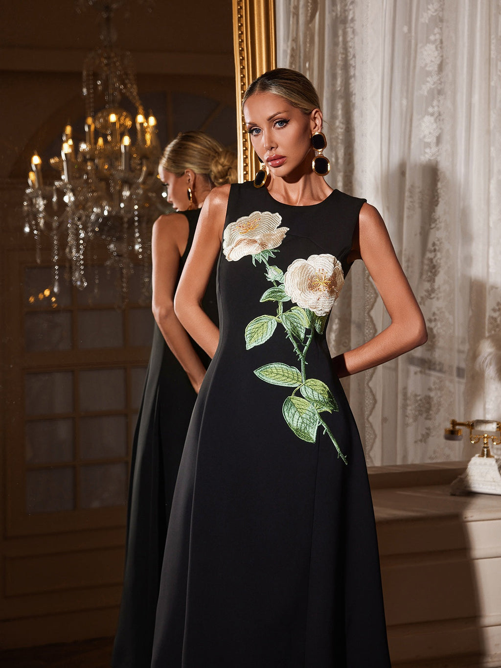 Ogima Sleeveless Flower Embroidered Midi Dress In Black