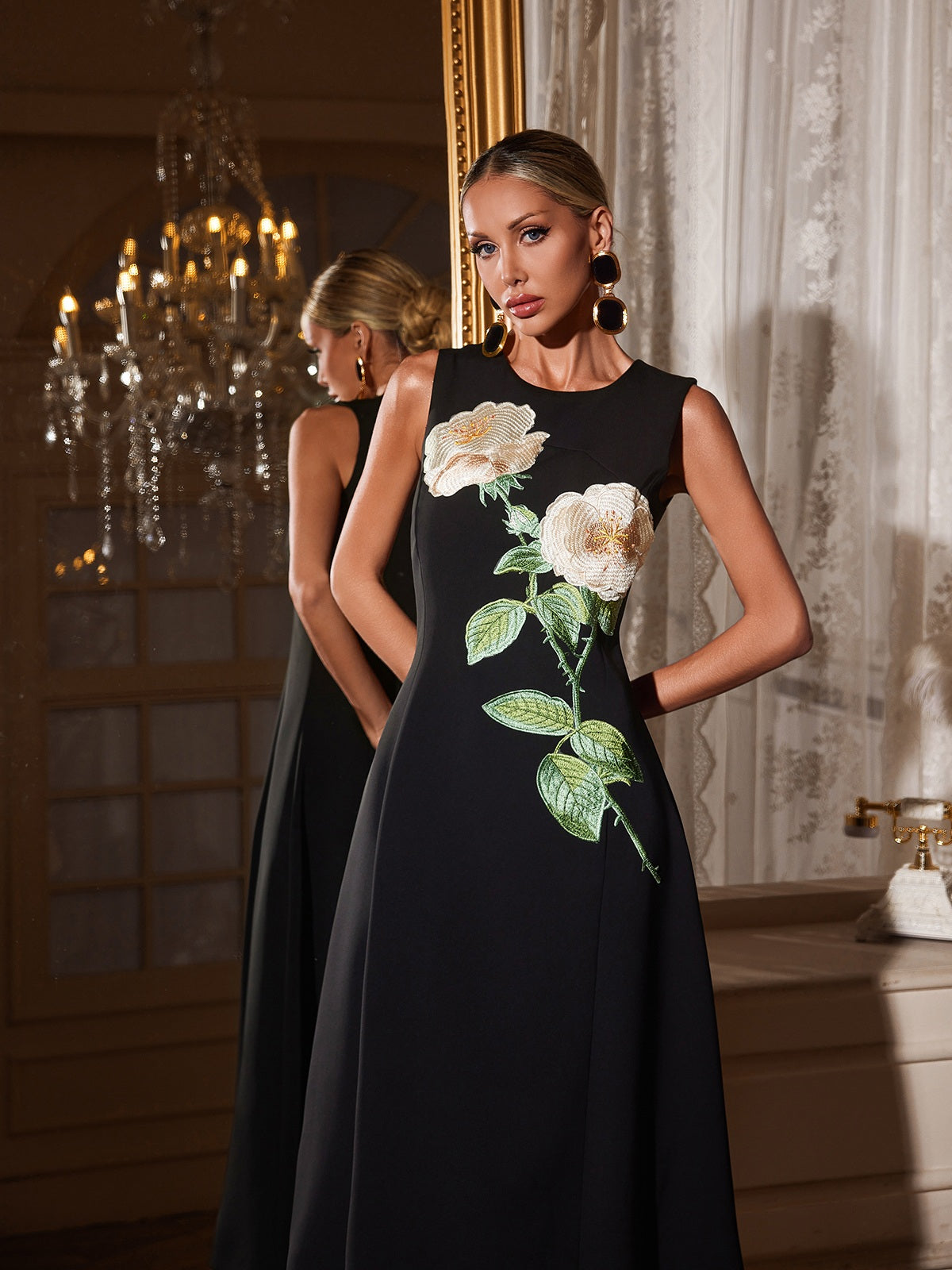 Ogima Sleeveless Flower Embroidered Midi Dress In Black