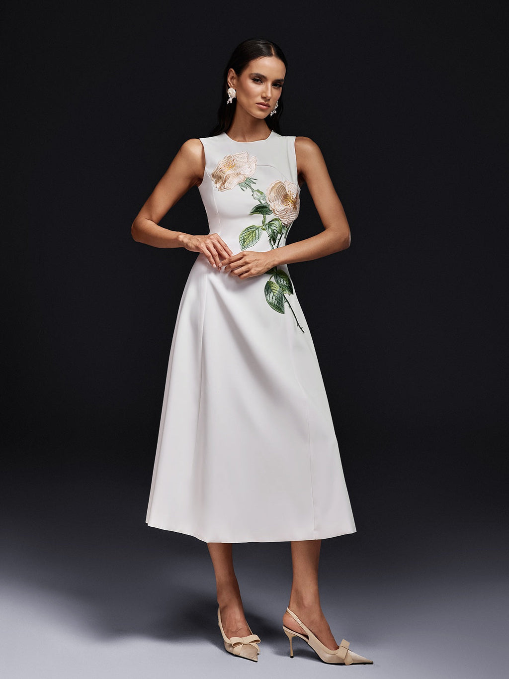 Ogima Sleeveless Flower Embroidered Midi Dress In White