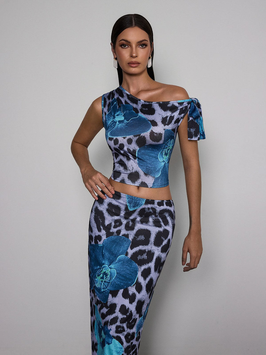 Olarion One Shoulder Floral Leopard Skirt Set