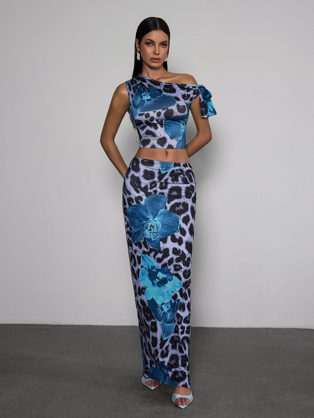 Olarion One Shoulder Floral Leopard Skirt Set