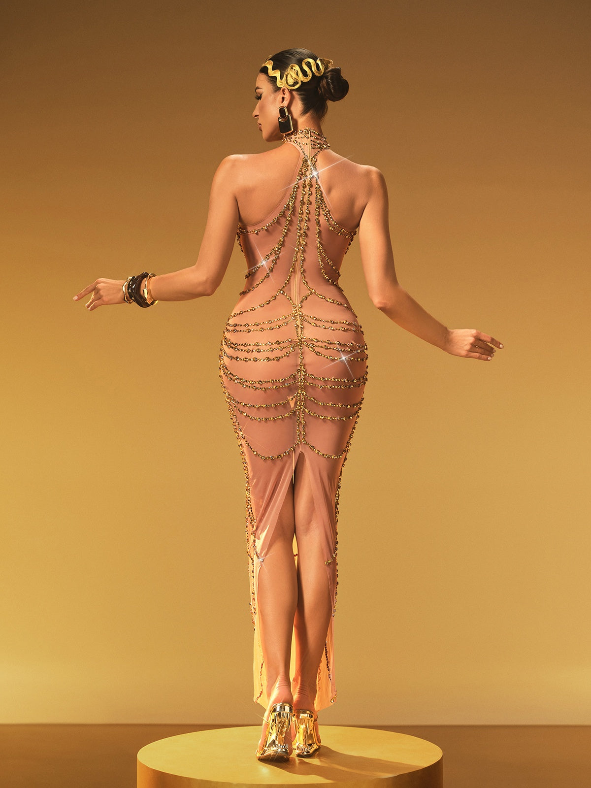 Olisa Halterneck Rhinestone Maxi Dress In Gold