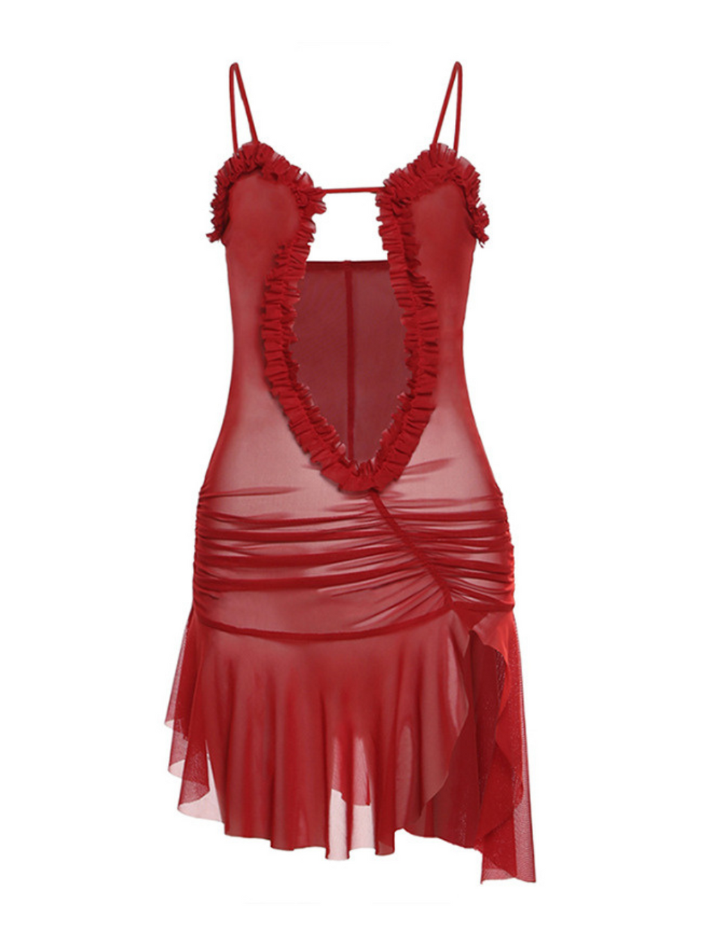 Olivier Ruched Printed Mesh Dress In Red