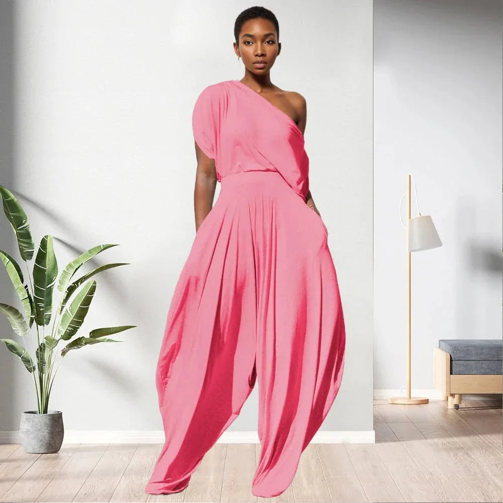 One Shoulder Top Solid Colour Women 2 Piece Pants Set