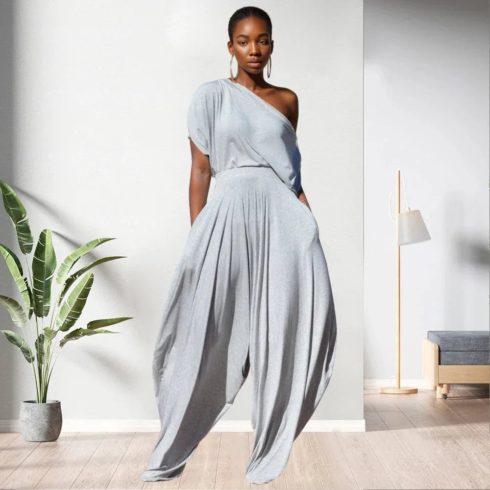 One Shoulder Top Solid Colour Women 2 Piece Pants Set