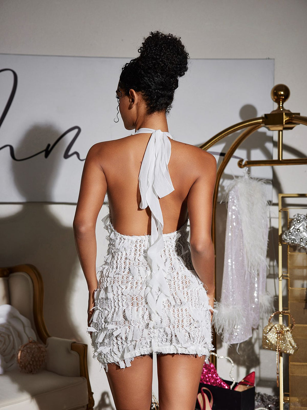 Osanya Plunge Neck Fringe Mini Dress
