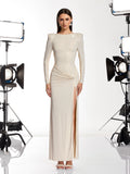 Oxavory Twisted Rhinestone Split Maxi Dress In Ivory