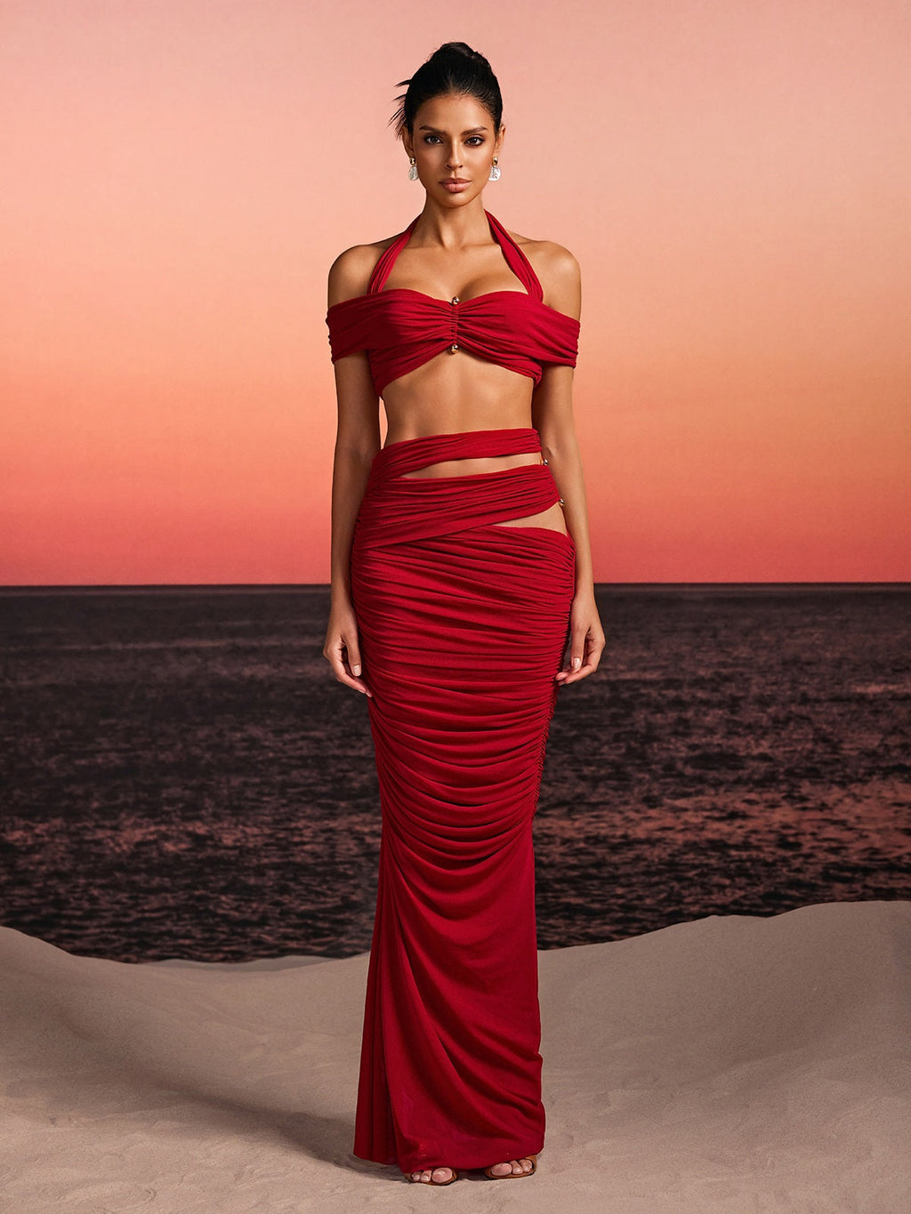 Paelyth Off Shoulder Cutout Ruched Skirt Set