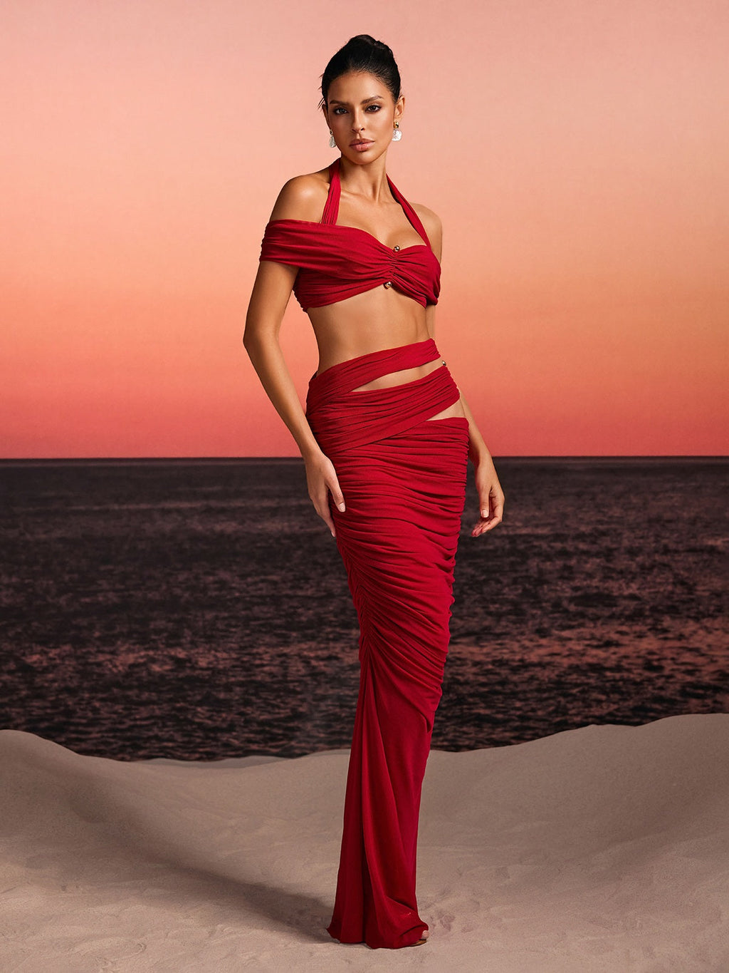 Paelyth Off Shoulder Cutout Ruched Skirt Set