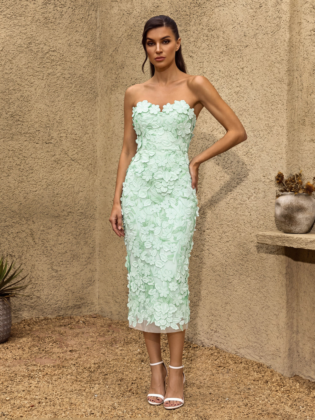 Pavex Strapless Flower Midi Dress In Green