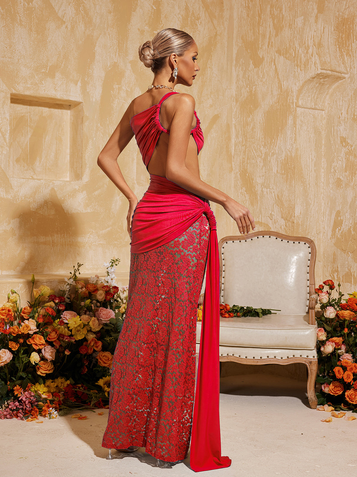 Phelia Cutout Lace Draped Maxi Dress In Red
