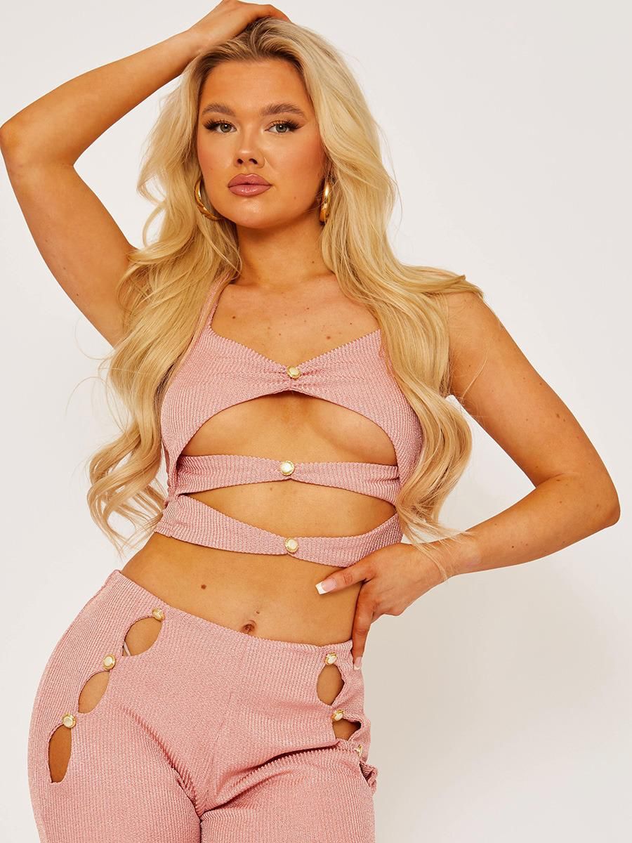 Ribbed Cut Out Detail Halter Crop Top and Trouser Co-ord