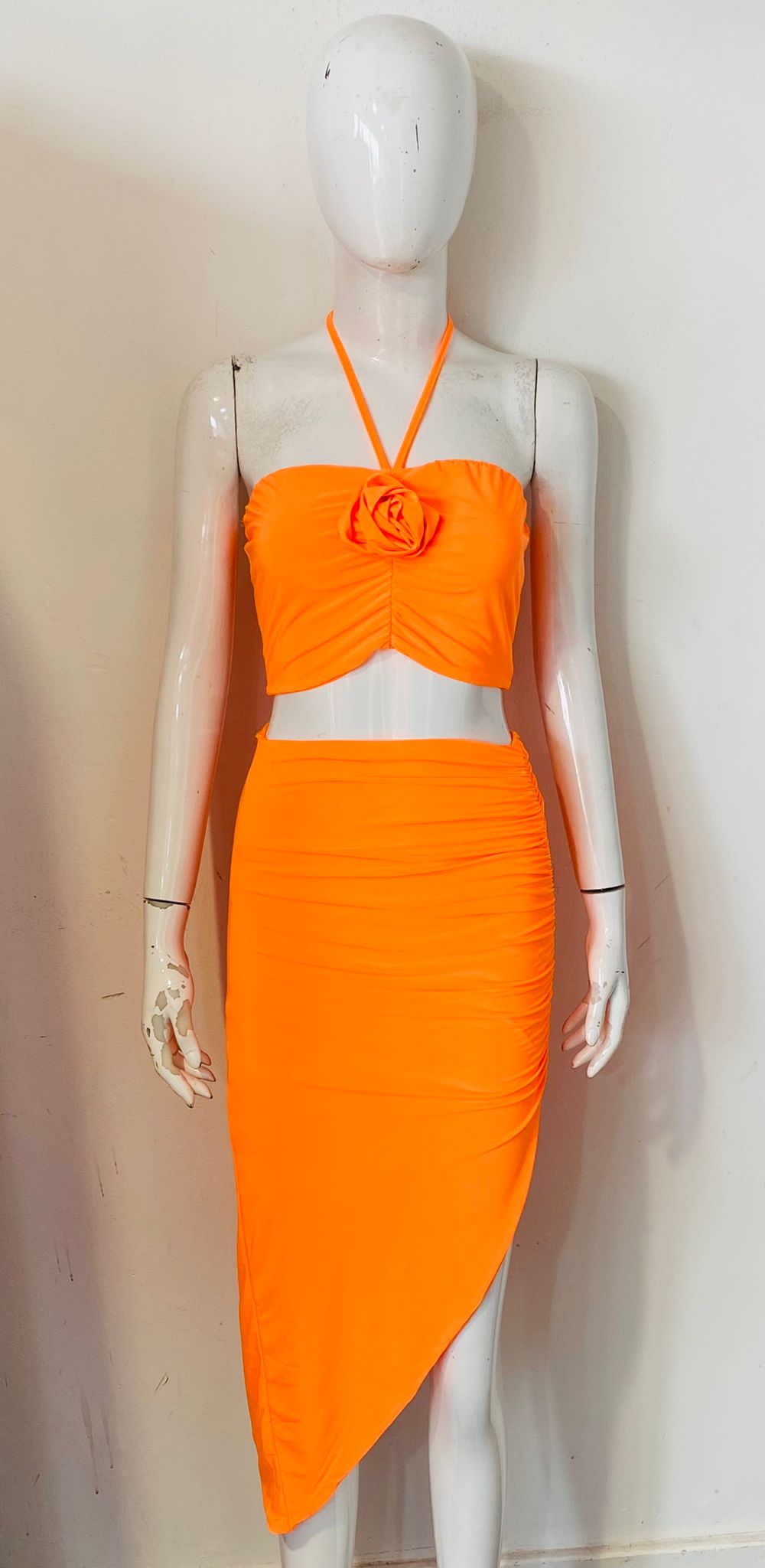 Rose Detail Halter Crop Top & Ruched Slit Skirt Co-ord