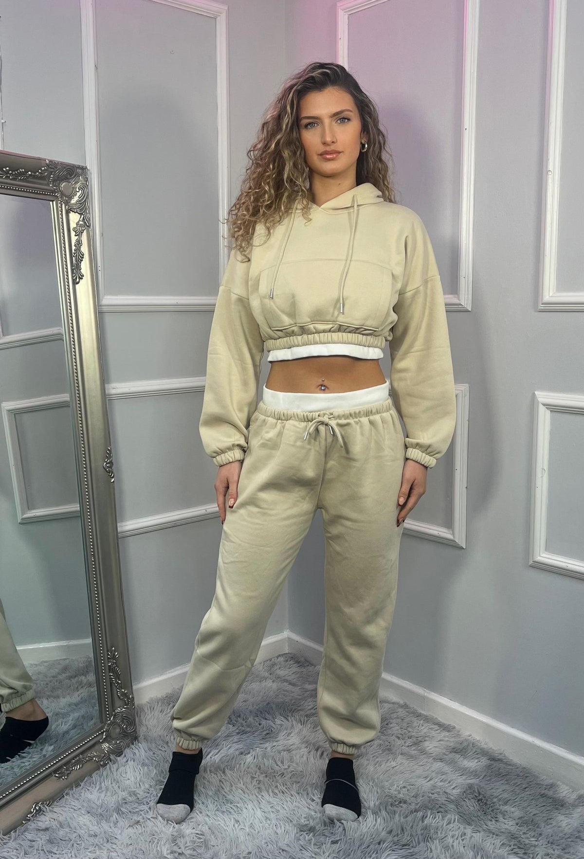 Fleece Cropped Suit With Rib Trim Detail