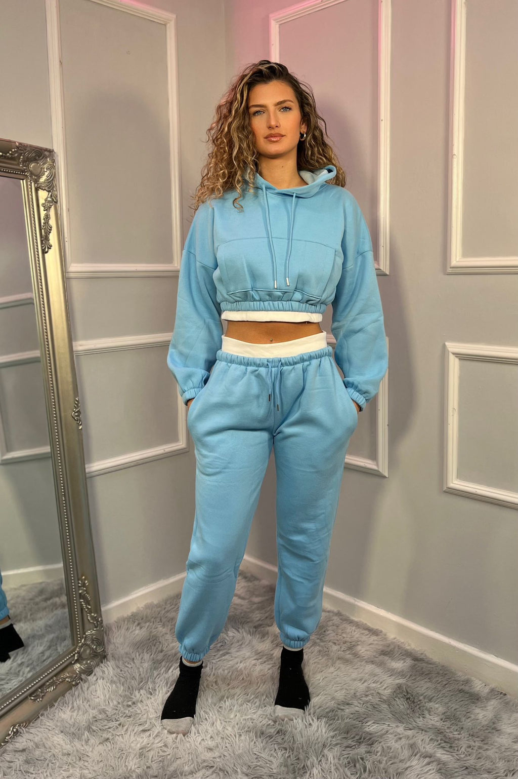 Fleece Cropped Suit With Rib Trim Detail