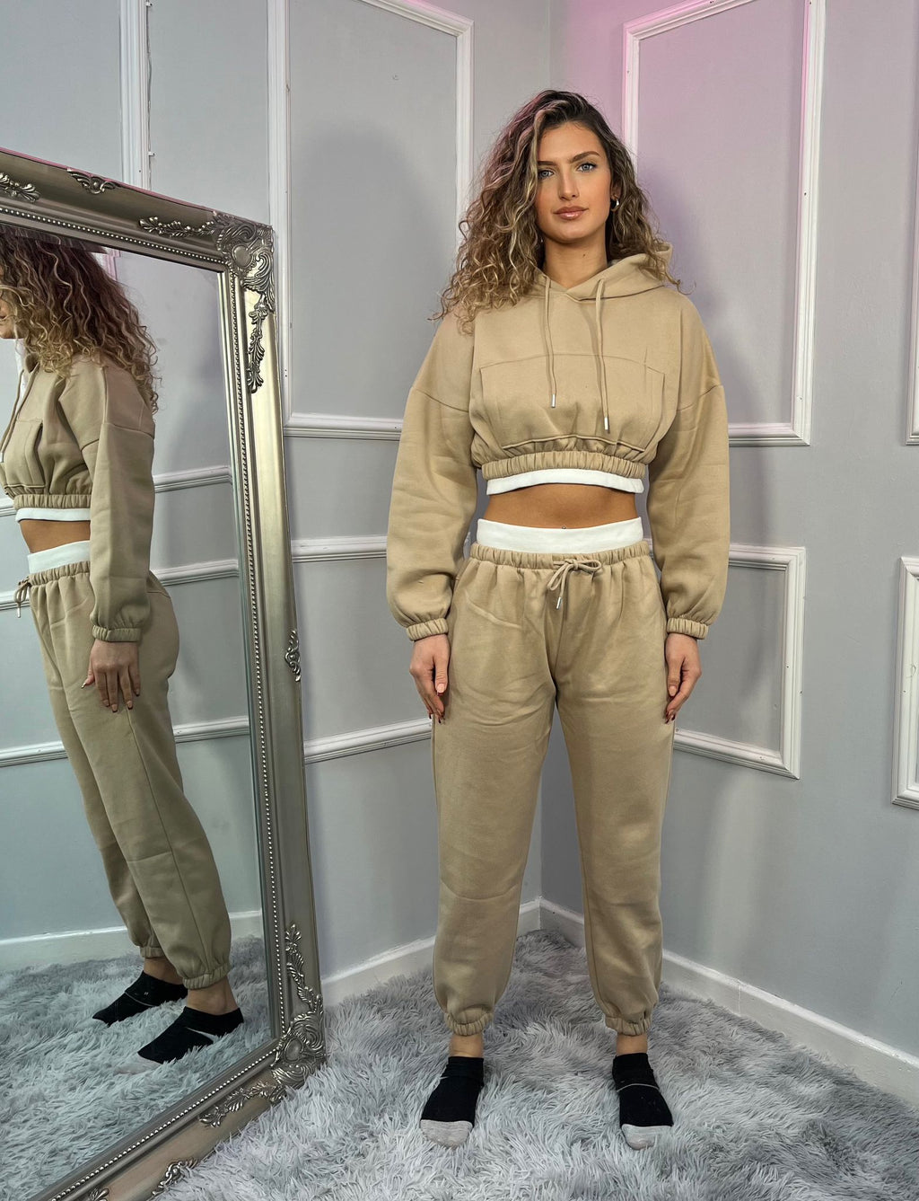 Fleece Cropped Suit With Rib Trim Detail