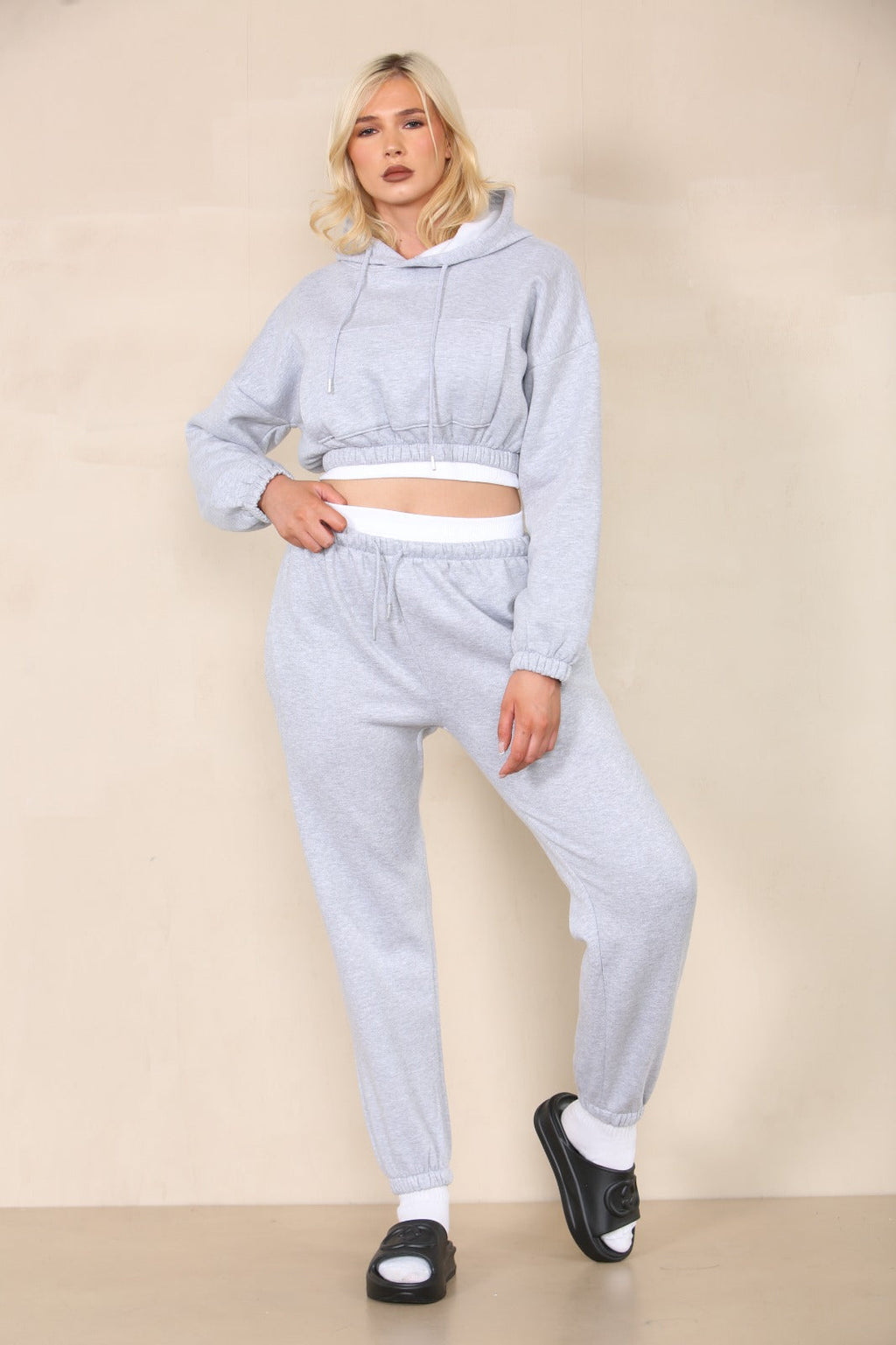 Fleece Cropped Suit With Rib Trim Detail