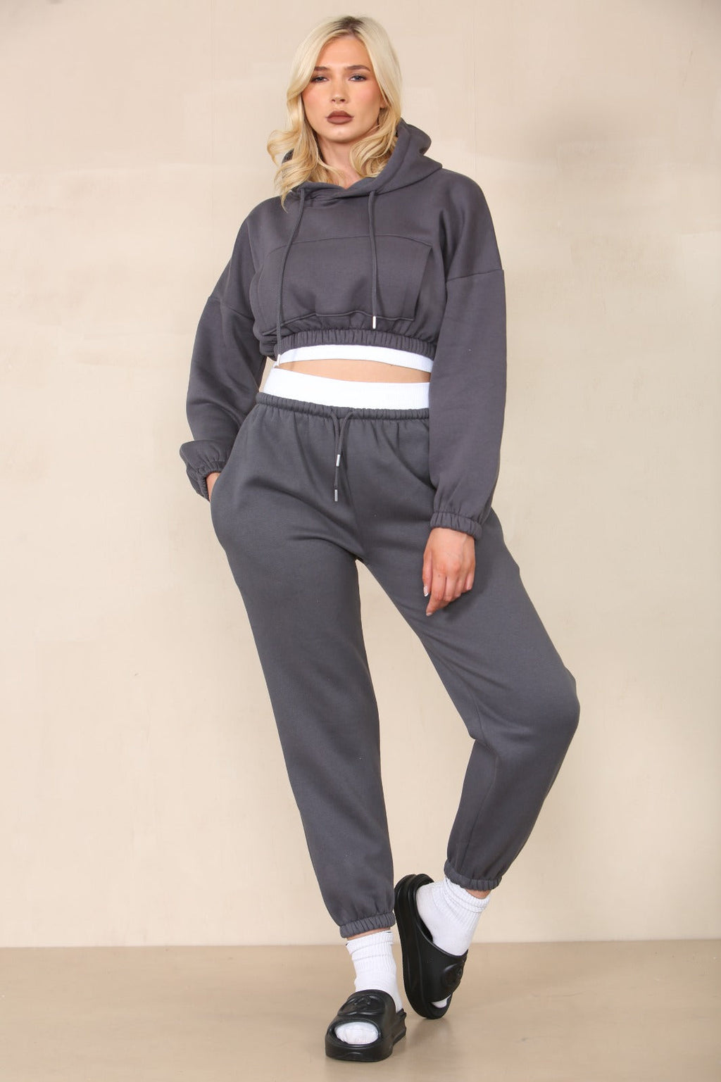 Fleece Cropped Suit With Rib Trim Detail