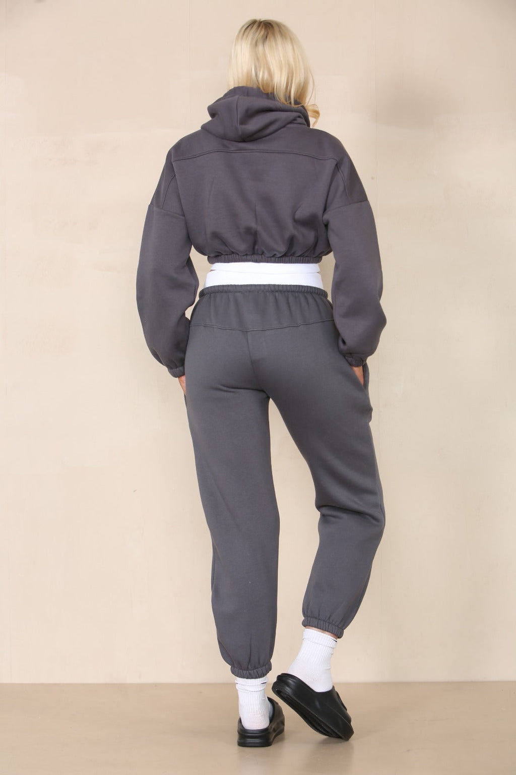 Fleece Cropped Suit With Rib Trim Detail