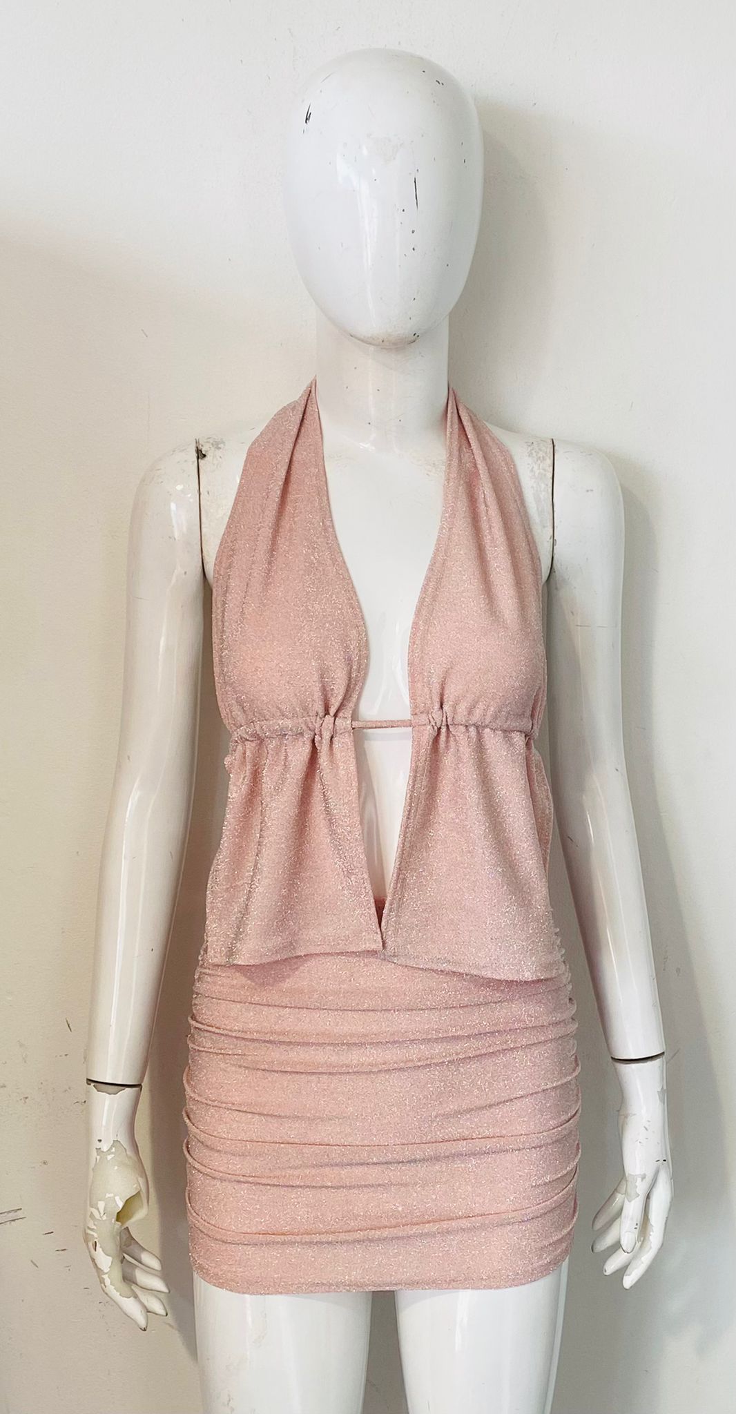 Lurex Halter Backless Top & Ruched Skirt Co-ord