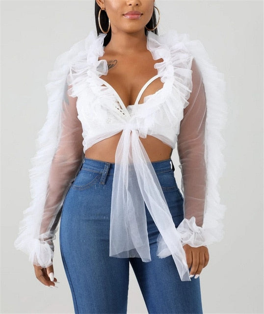 LANFUBEISI Summer Shirts Mesh Sheer See Through Ruffles Long Sleeve Crop Tops Deep V-neck Lace-up Blouses Party Outwear 3 Colors