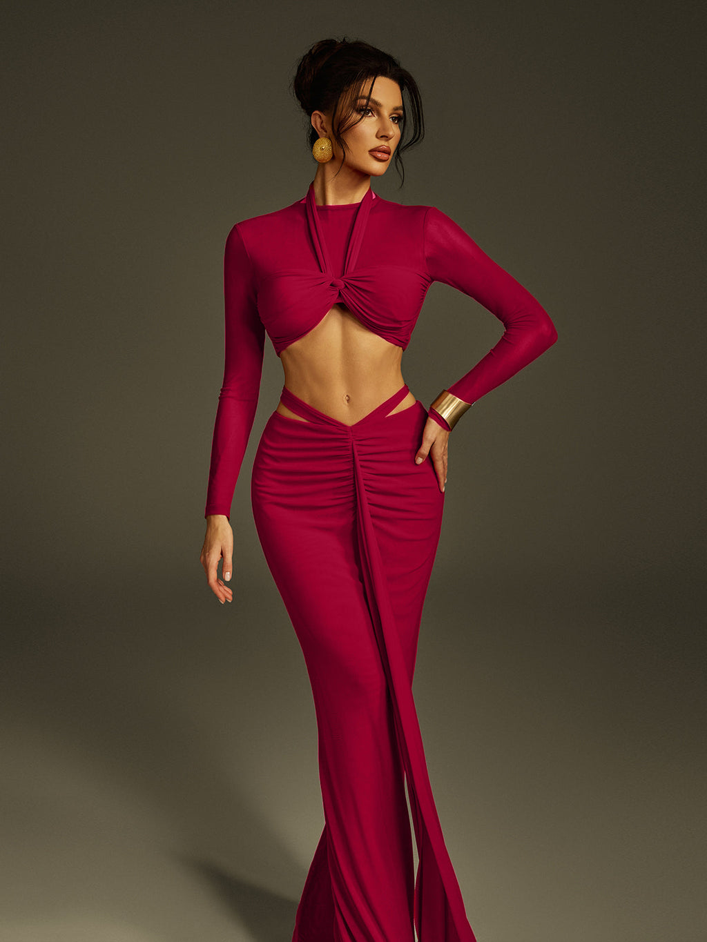 Pryssa Long Sleeve Ruched Draped Skirt Set