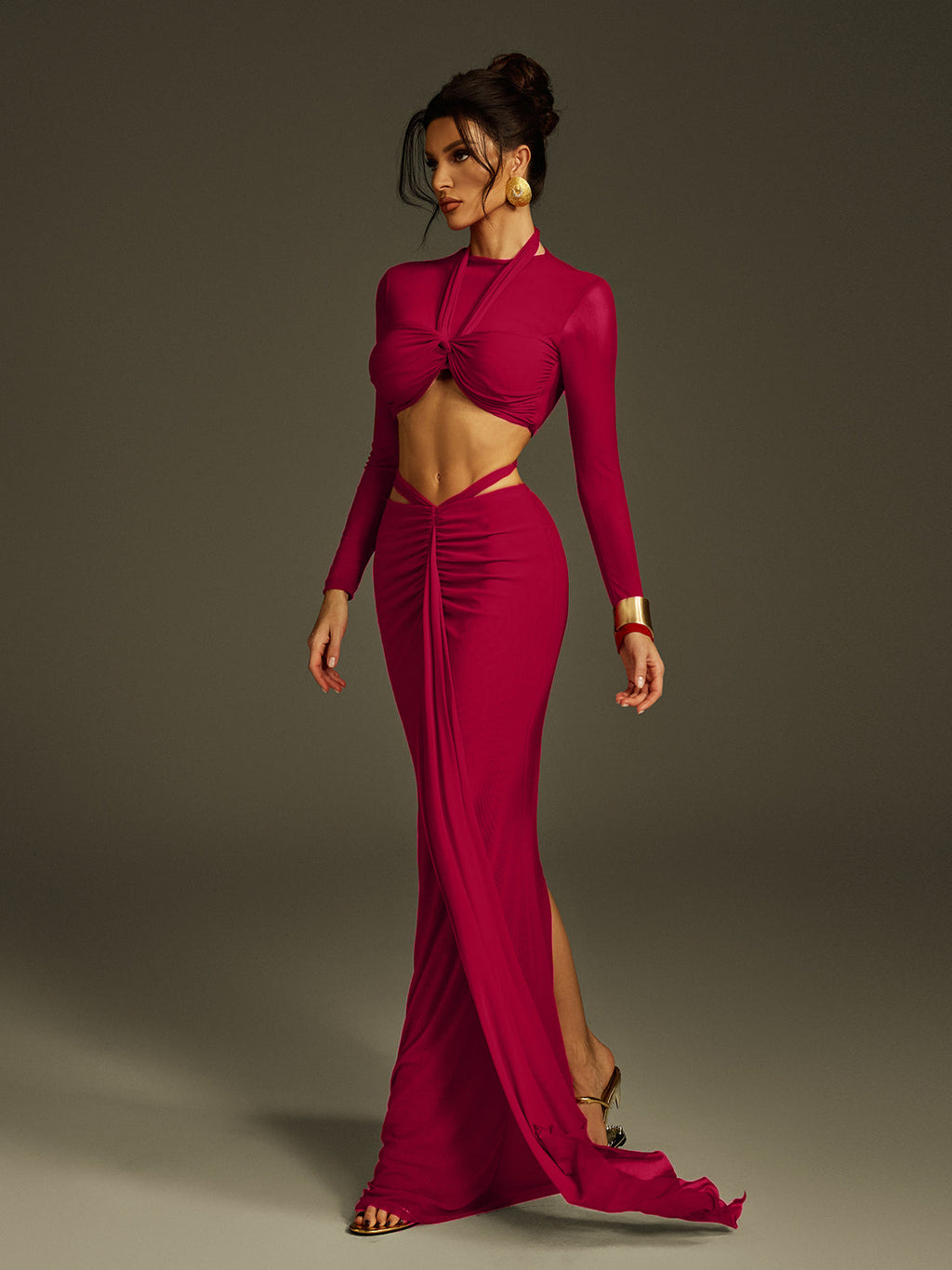 Pryssa Long Sleeve Ruched Draped Skirt Set