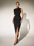 Pryxan One Shoulder Ruched Split Maxi Dress In Black