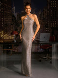 Qexorin Halterneck Chainmail Split Maxi Dress