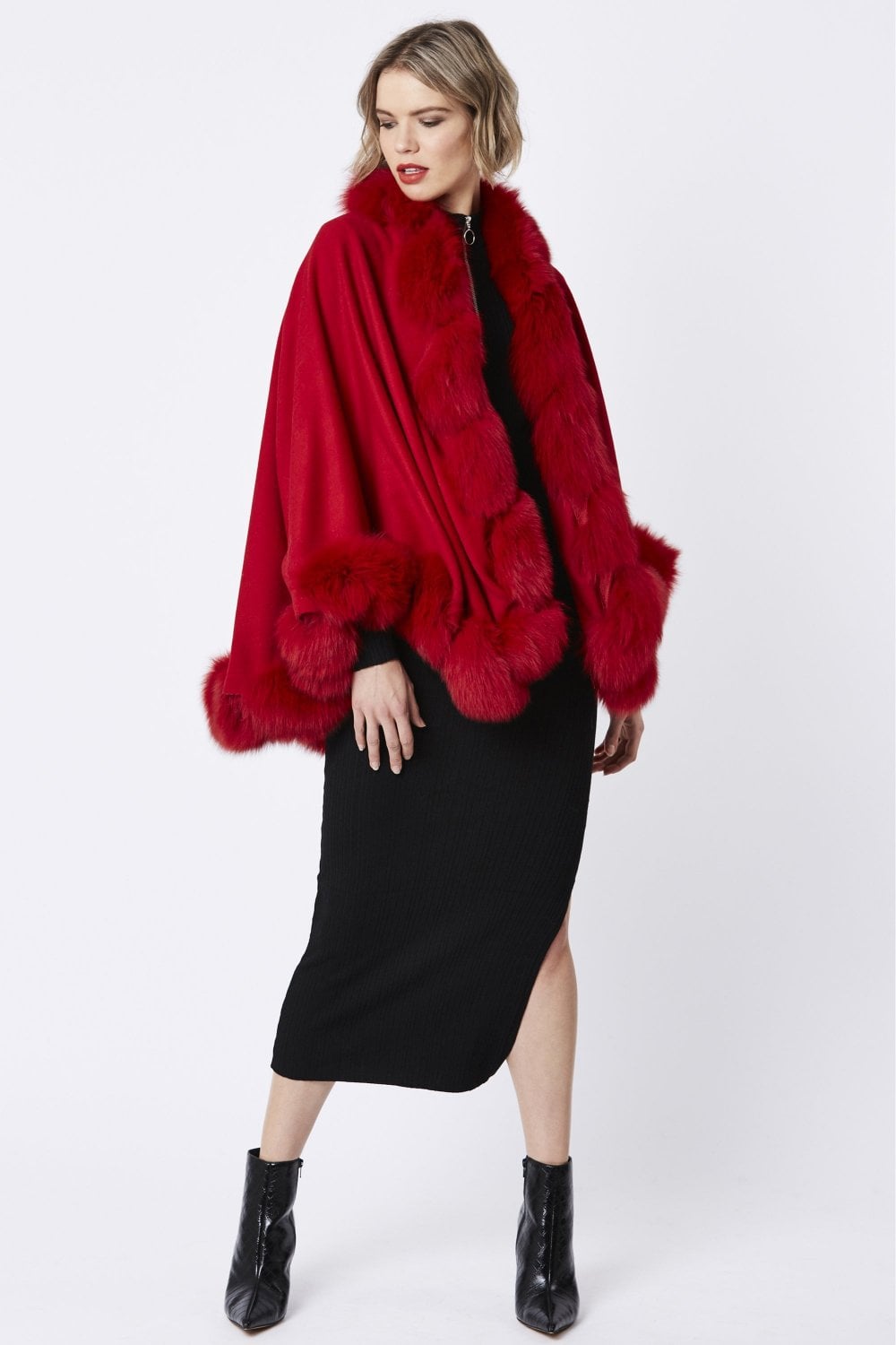 Red Evelyn Cashmere Cape with Fox Fur Trim