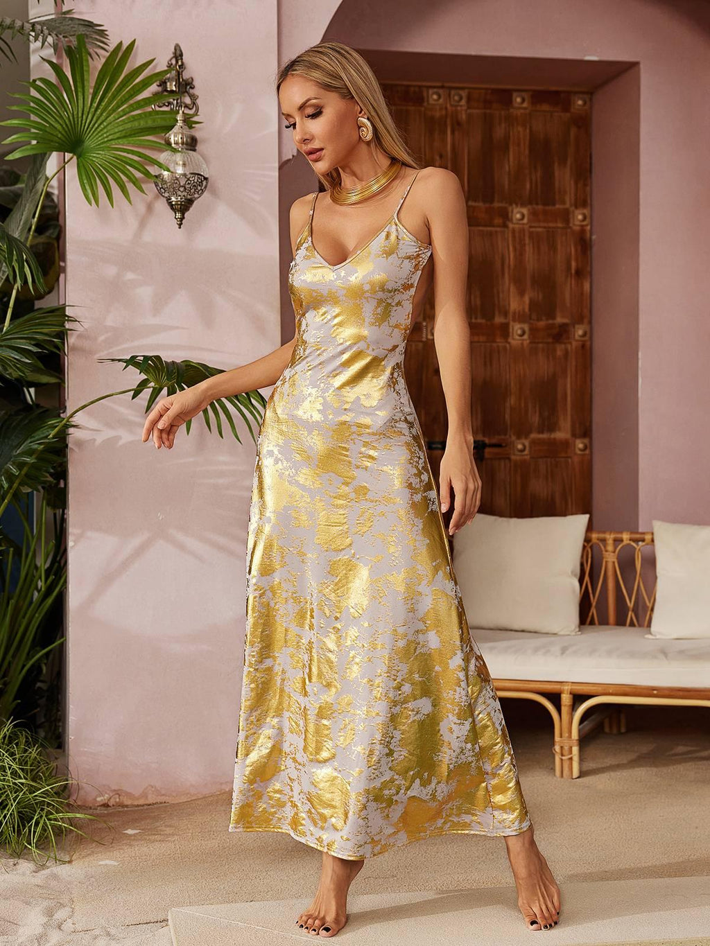 Remiel Backless Meatllic Maxi Dress