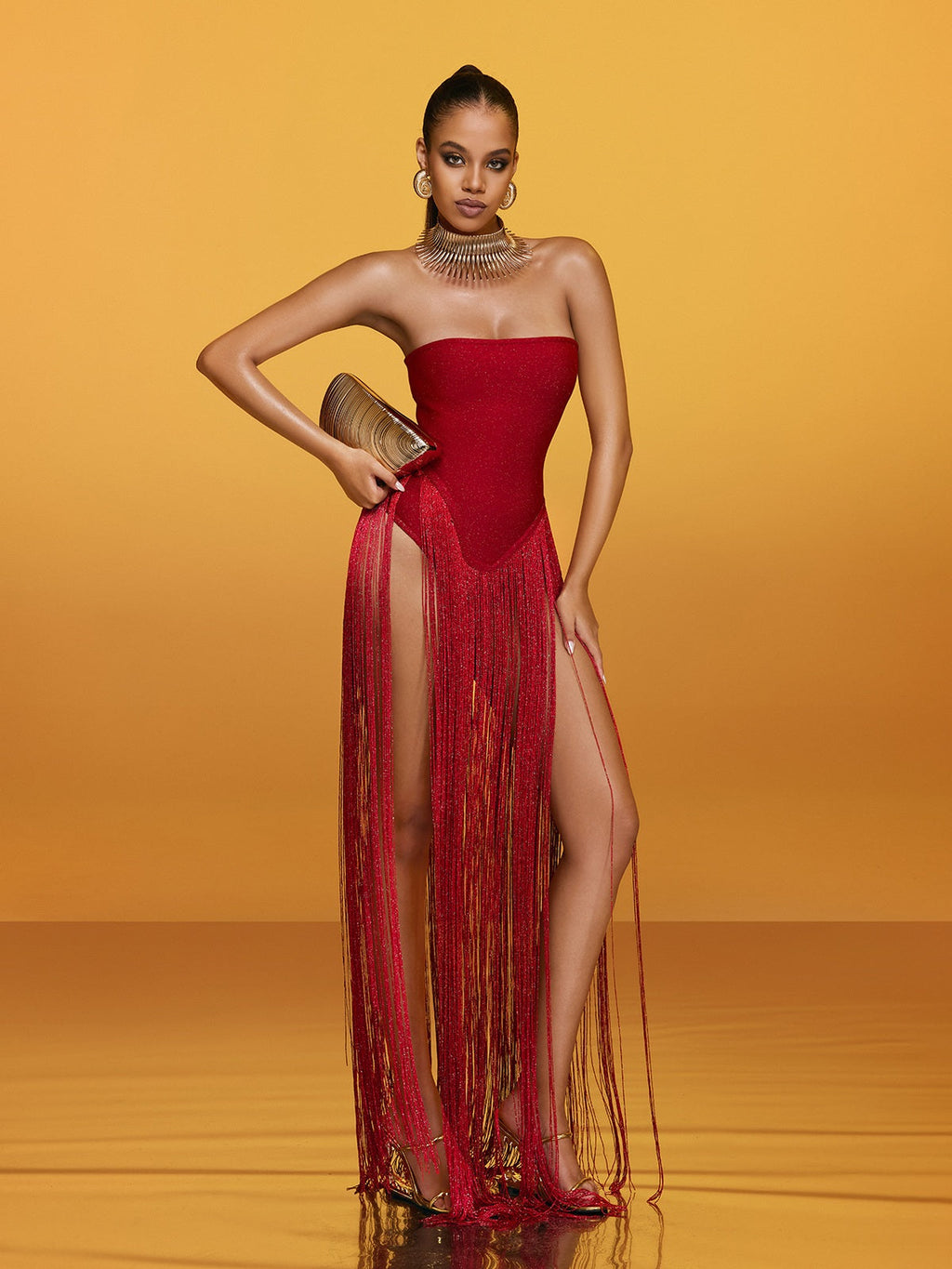 Rendor Strapless Fringe Bandage Maxi Dress