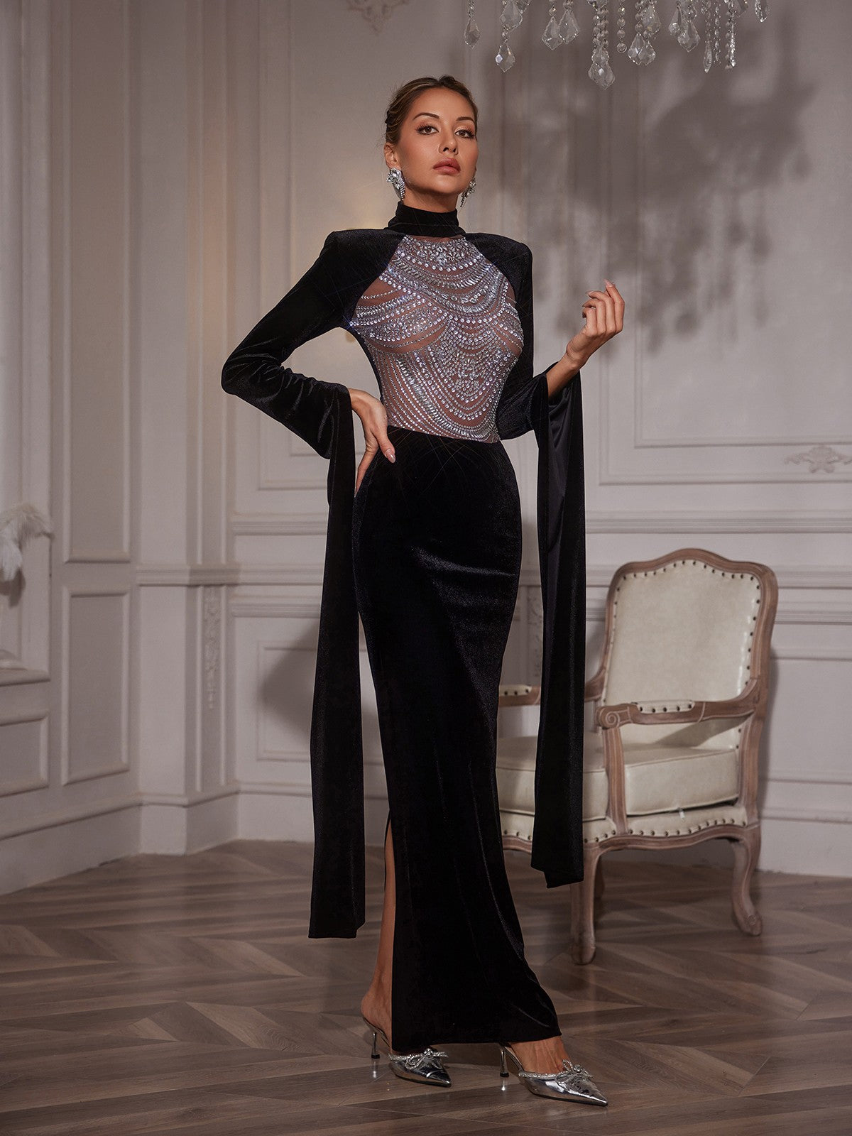 Reon Rhinestone Velvet Maxi Dress