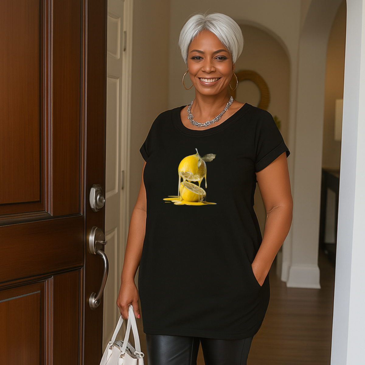 Long Lemon Print Dipped-Hem T-Shirt with Side Pockets