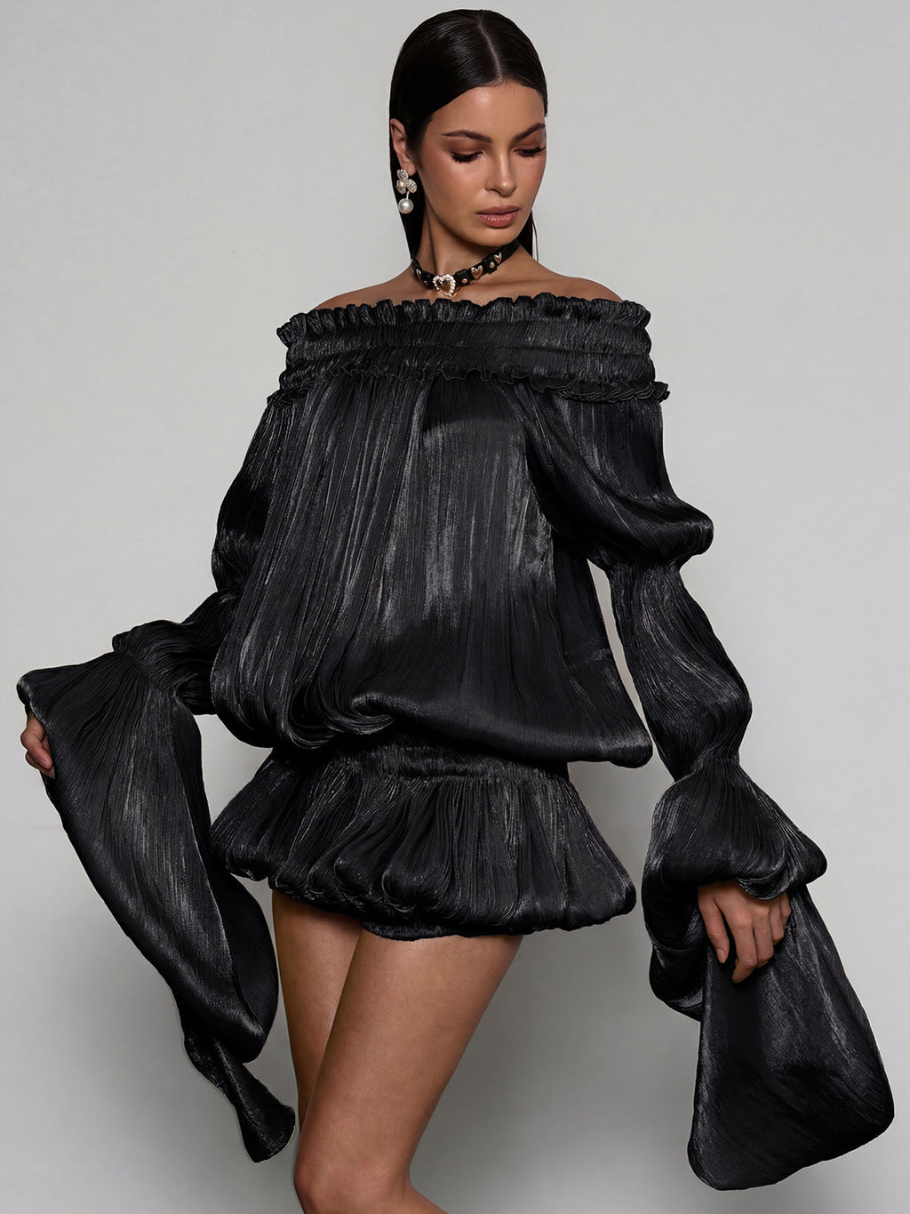 Salyxen Off Shoulder Ruched Dress Set In Black