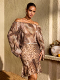 Seldraven Off Shoulder Rhinestone Leopard Skirt Set
