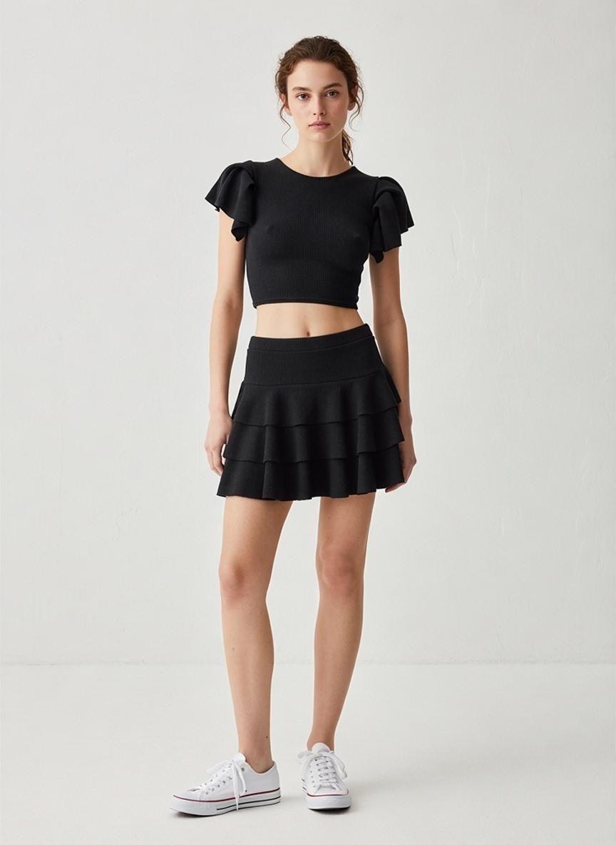 Ribbed Ruffle-Sleeve Crop Top and Tiered Mini Skirt Co-ord