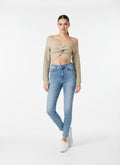 Twist-Front Off-Shoulder Cropped Knit Top