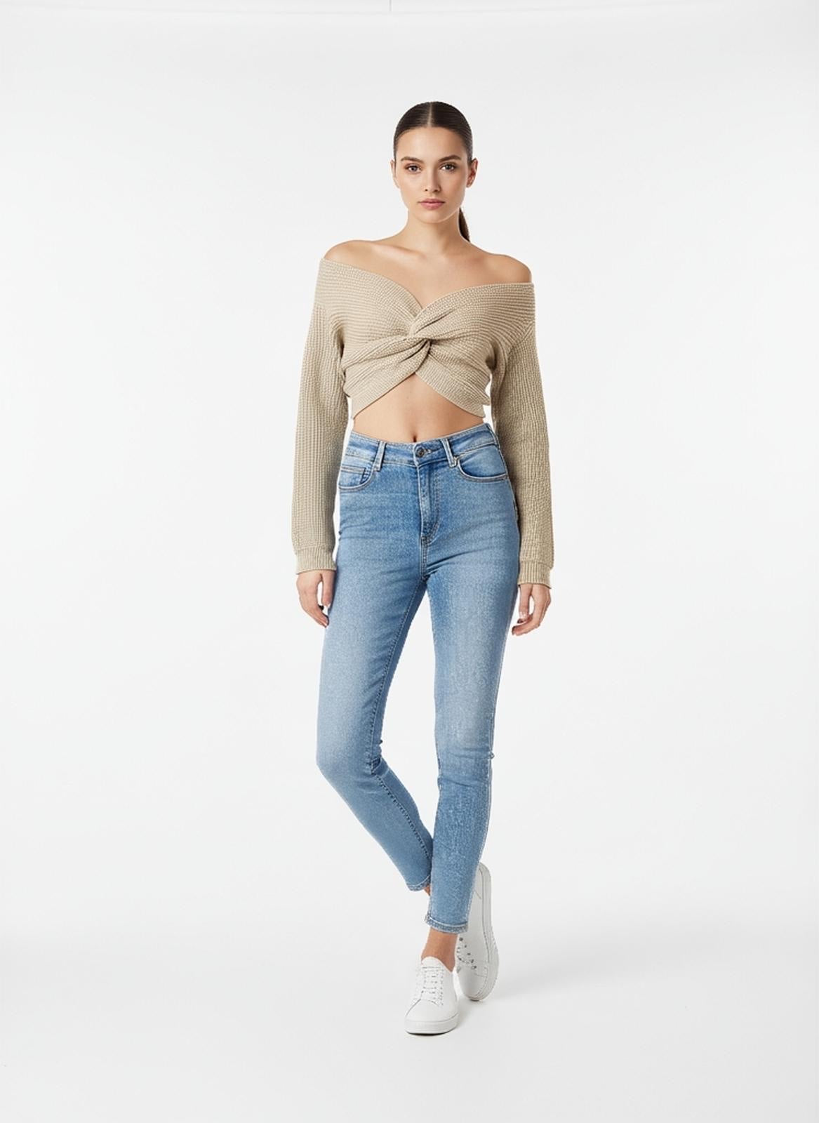 Twist-Front Off-Shoulder Cropped Knit Top