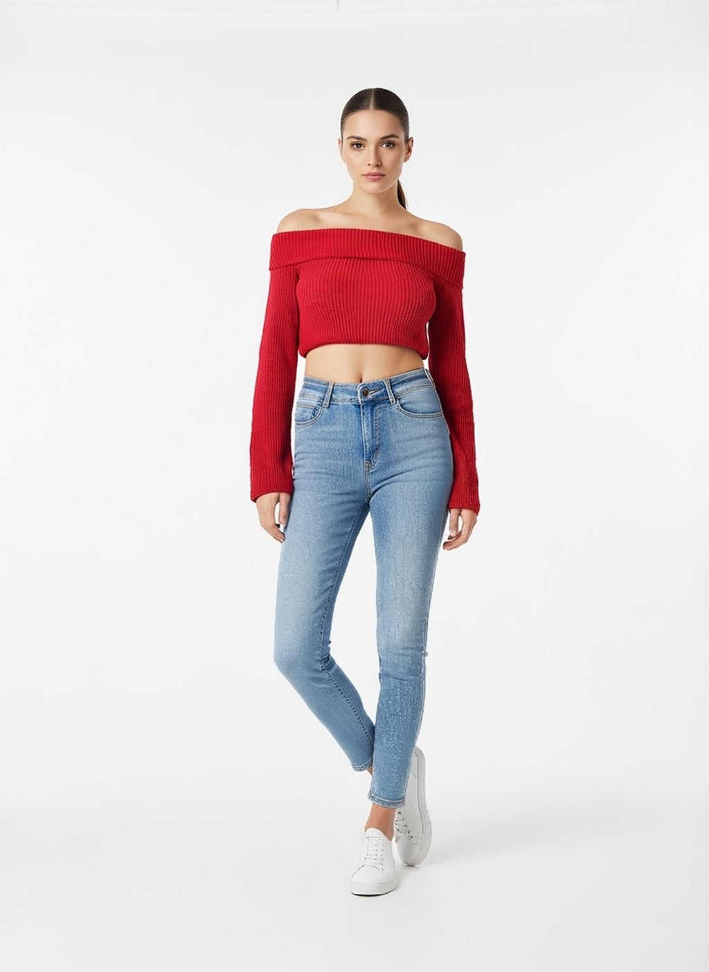 Ribbed Off-the-Shoulder Cropped Jumper