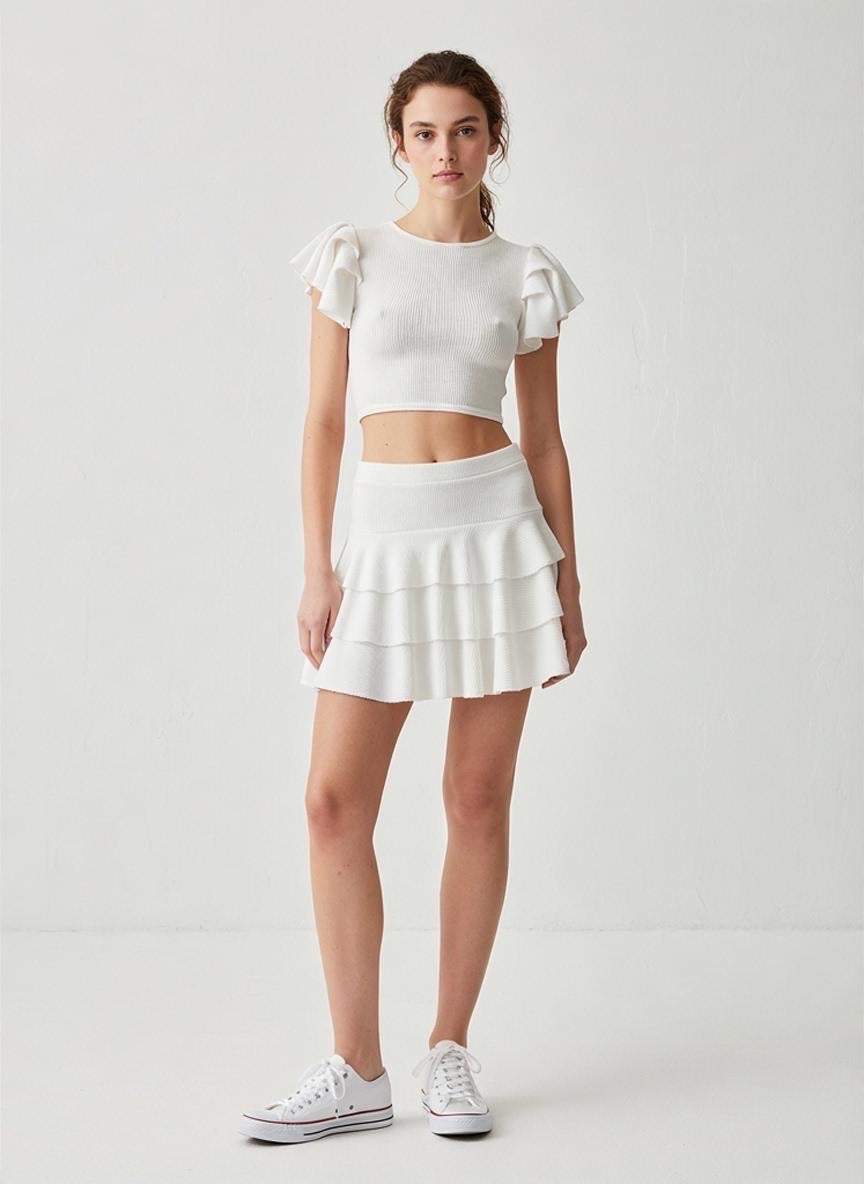 Ribbed Ruffle-Sleeve Crop Top and Tiered Mini Skirt Co-ord
