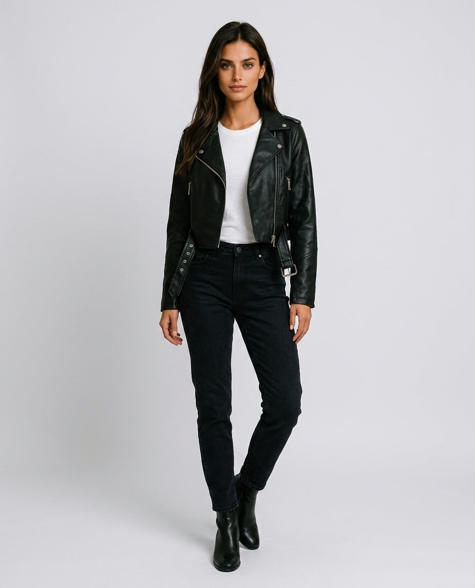 Cropped Faux-Leather Belted Biker Jacket