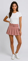 Pleated Belted A-Line Mini Skort