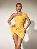 Solvan One Shoulder Ruched Draped Mini Dress In Butter Yellow