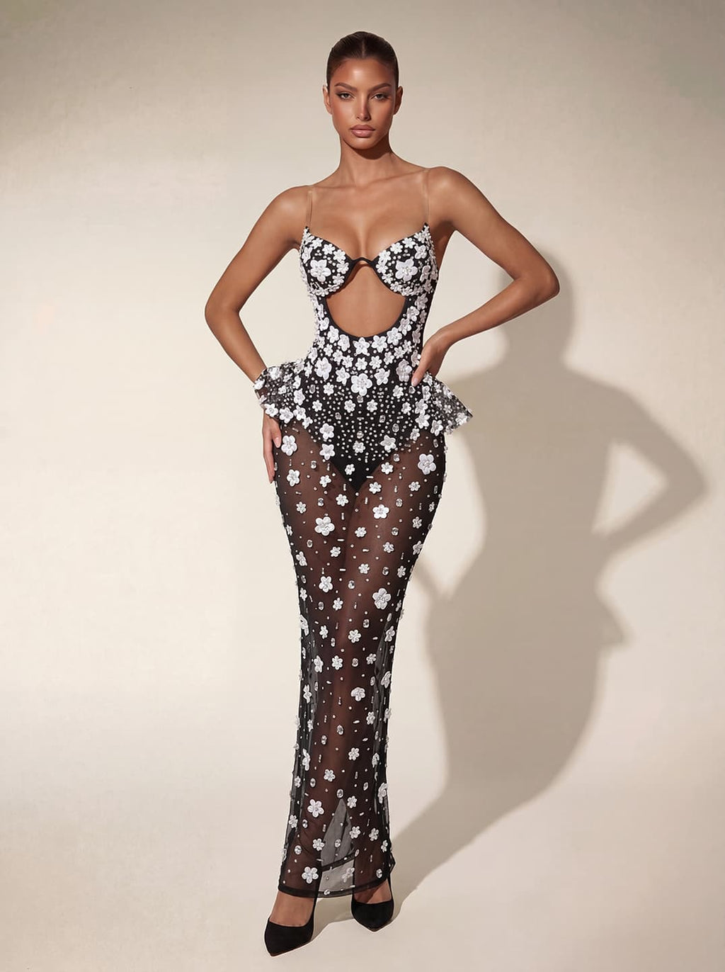 Sorel Mesh Cutout Flower Maxi Dress