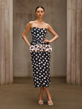 Sorynthra Strapless Dot Split Midi Dress
