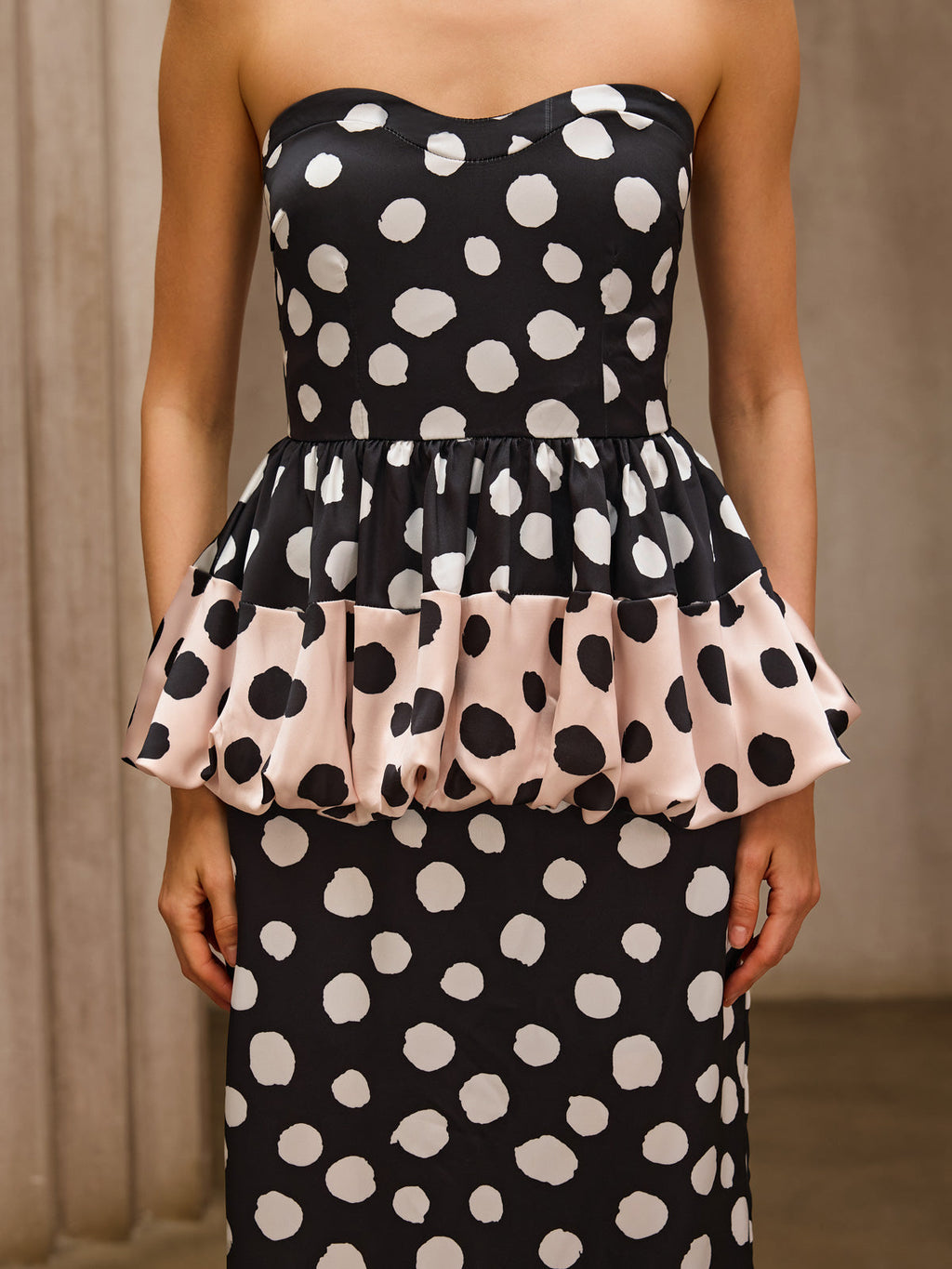 Sorynthra Strapless Dot Split Midi Dress